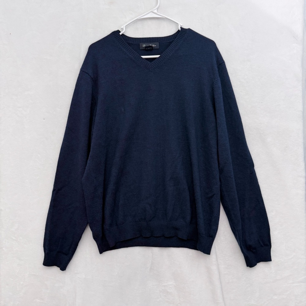 Brooks Brothers Sweater Mens L Blue V Neck Merino Wool Stretch Knit Pullover